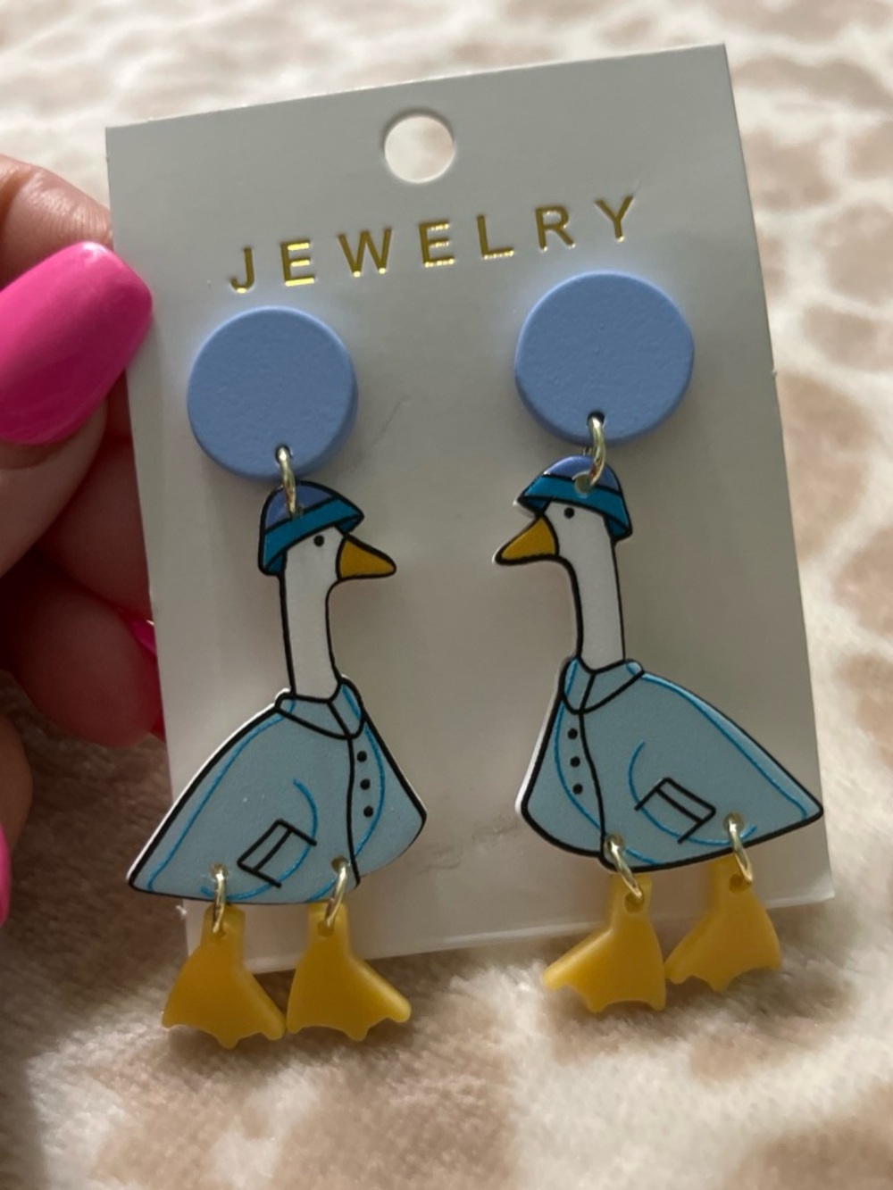 Playful Blue Duck Drop Earrings by